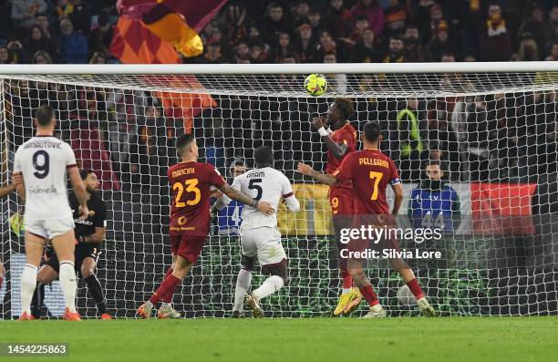 Tammy Abraham of AS Roma makes a save on the goal line in timed out during the Serie A match between AS Roma and Bologna FC at Stadio Olimpico on...