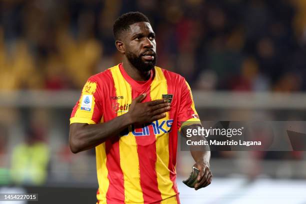 Samuel Umtiti of Lecce celebrates after the Serie A match between US Lecce and SS Lazio at Stadio Via del Mare on January 04, 2023 in Lecce, Italy.