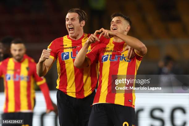 Lorenzo Colombo of Lecce celebrates the winning goal during the Serie A match between US Lecce and SS Lazio at Stadio Via del Mare on January 04,...