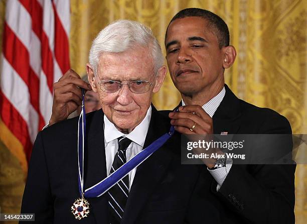 Former Assistant U.S. Attorney General John Doar is presented with a Presidential Medal of Freedom by U.S. President Barack Obama during an East Room...