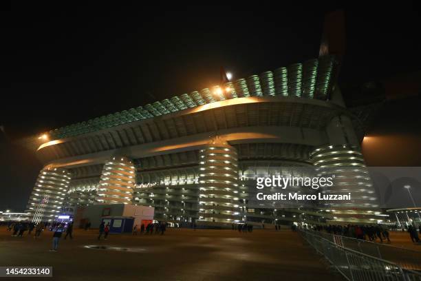 General view outside the stadium prior to the Serie A match between FC Internazionale and SSC Napoli at Stadio Giuseppe Meazza on January 04, 2023 in...