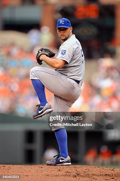 Felipe Paulino of the Kansas City Royals pitches during a baseball game against the Baltimore Orioles at Oriole Park at Camden Yards on May 26, 2012...