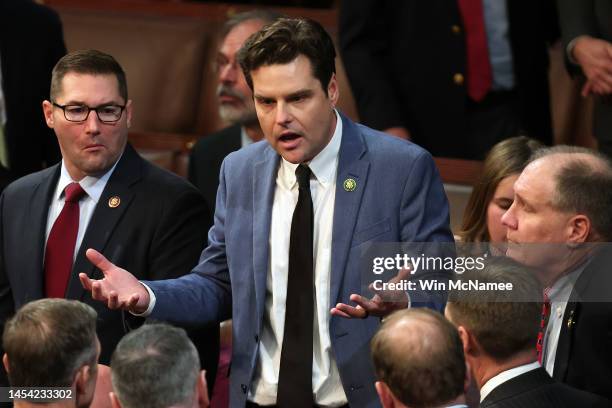 Rep.-elect Matt Gaetz talks to fellow members-elect during the second day of elections for Speaker of the House at the U.S. Capitol Building on...