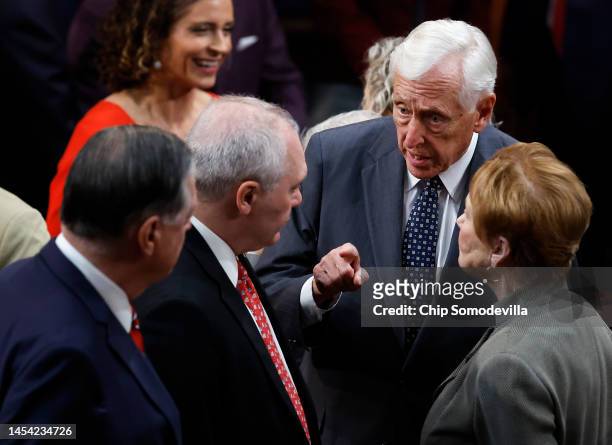 House Democratic Leader Steny Hoyer talks to Rep.-elect Steve Scalise and fellow members-elect in the House Chamber during the second day of...