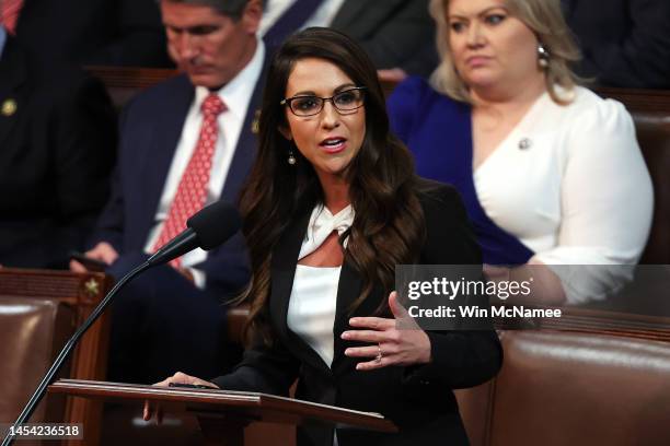 Rep.-elect Lauren Boebert delivers remarks in the House Chamber during the second day of elections for Speaker of the House at the U.S. Capitol...