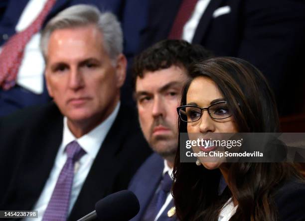 Rep.-elect Lauren Boebert delivers remarks alongside House Republican Leader Kevin McCarthy in the House Chamber during the second day of elections...