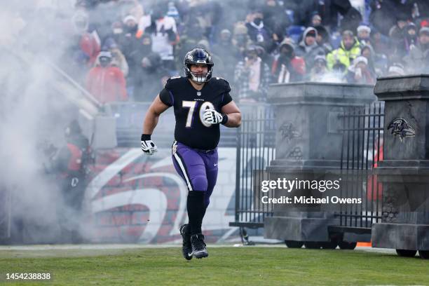 Kevin Zeitler of the Baltimore Ravens takes the field prior to an NFL football game between the Baltimore Ravens and the Atlanta Falcons at M&T Bank...