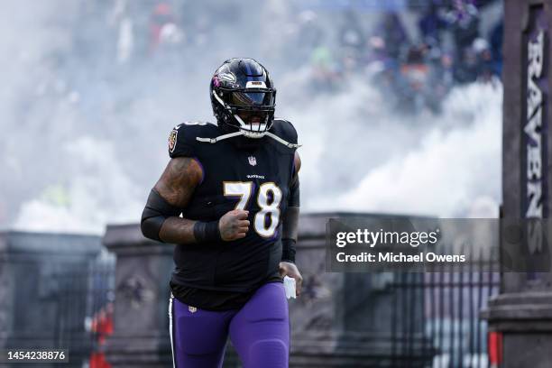 Morgan Moses of the Baltimore Ravens takes the field prior to an NFL football game between the Baltimore Ravens and the Atlanta Falcons at M&T Bank...