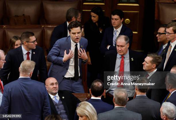 Rep.-elect Matt Gaetz talks to fellow members-elect during the second day of elections for Speaker of the House at the U.S. Capitol Building on...