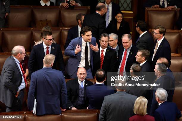 Rep.-elect Matt Gaetz talks to fellow members-elect during the second day of elections for Speaker of the House at the U.S. Capitol Building on...