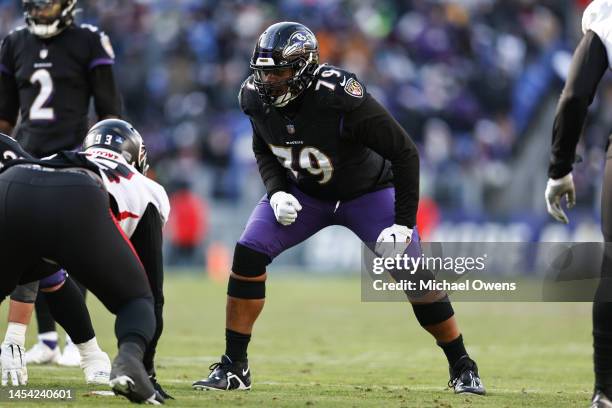 Ronnie Stanley of the Baltimore Ravens lines up during an NFL football game between the Baltimore Ravens and the Atlanta Falcons at M&T Bank Stadium...