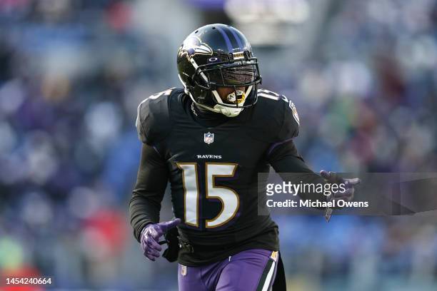 DeSean Jackson of the Baltimore Ravens lines up during an NFL football game between the Baltimore Ravens and the Atlanta Falcons at M&T Bank Stadium...