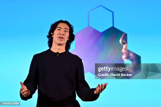 Ice Skater and Olympic Gold Medalist Nathan Chen speaks during a Panasonic press event at CES 2023 at the Mandalay Bay Convention Center on January...