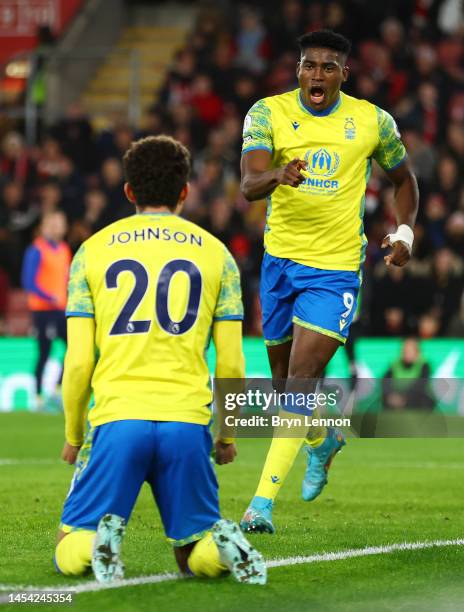 Taiwo Awoniyi of Nottingham Forest celebrates after scoring the team's first goal during the Premier League match between Southampton FC and...