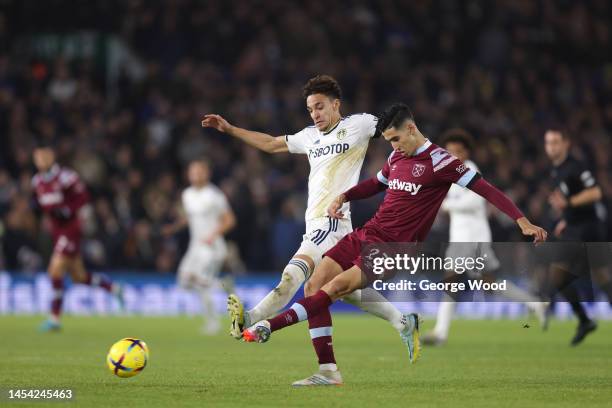 Nayef Aguerd of West Ham United is put under pressure by Rodrigo Moreno of Leeds United during the Premier League match between Leeds United and West...