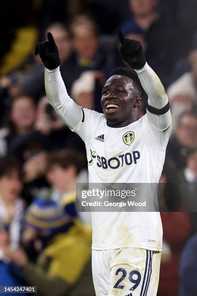 Wilfried Gnonto of Leeds United celebrates after scoring the team's first goal during the Premier League match between Leeds United and West Ham...