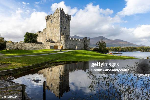 ross castle es una casa torre del siglo 15 y mantener en el borde de lough leane, en el parque nacional de killarney, condado de kerry, irlanda - anillo de kerry fotografías e imágenes de stock
