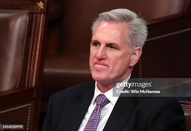 House Republican Leader Kevin McCarthy listens in the House Chamber during the second day of elections for Speaker of the House at the U.S. Capitol...