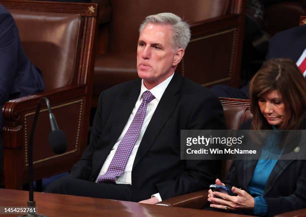 House Republican Leader Kevin McCarthy listens in the House Chamber during the second day of elections for Speaker of the House at the U.S. Capitol...