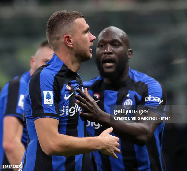 Edin Dzeko of FC Internazionale celebrates with Romelu Lukaku after scoring their team's first goal during the Serie A match between FC...