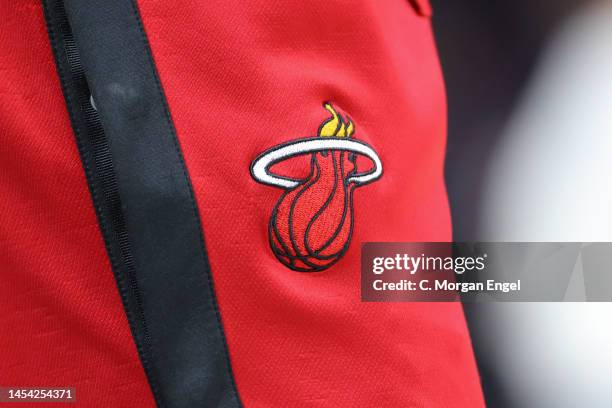 An Miami Heat logo is seen during the game against the Denver Nuggets at Ball Arena on December 30, 2022 in Denver, Colorado. NOTE TO USER: User...