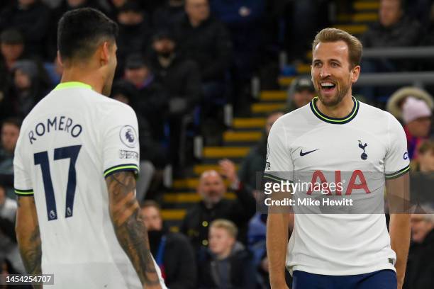 Harry Kane of Tottenham Hotspur celebrates after scoring the team's first goal during the Premier League match between Crystal Palace and Tottenham...
