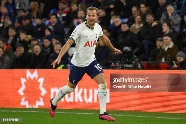Harry Kane of Tottenham Hotspur celebrates after scoring the team's second goal during the Premier League match between Crystal Palace and Tottenham...