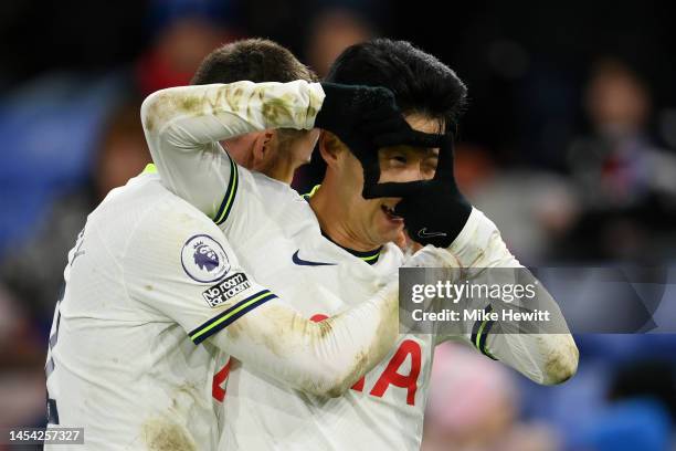 Son Heung-Min of Tottenham Hotspur celebrates after scoring the team's fourth goal during the Premier League match between Crystal Palace and...