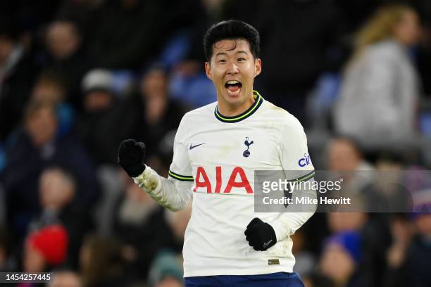 Son Heung-Min of Tottenham Hotspur celebrates after scoring the team's fourth goal during the Premier League match between Crystal Palace and...