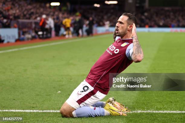 Danny Ings of Aston Villa celebrates after scoring the team's first goal during the Premier League match between Aston Villa and Wolverhampton...
