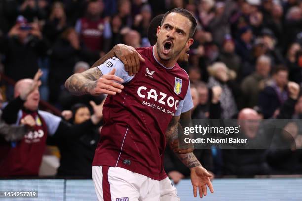 Danny Ings of Aston Villa celebrates after scoring the team's first goal during the Premier League match between Aston Villa and Wolverhampton...