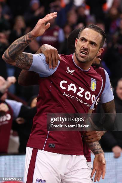 Danny Ings of Aston Villa celebrates after scoring the team's first goal during the Premier League match between Aston Villa and Wolverhampton...