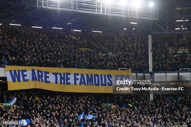 General view of Everton fans and banners before the Premier League match between Everton and Brighton & Hove Albion at Goodison Park on January 03,...