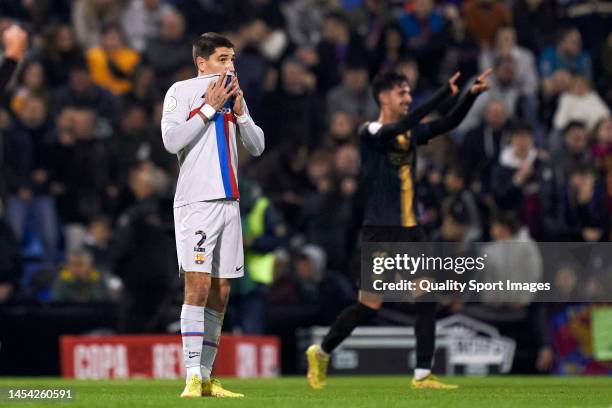 Hector Bellerin of FC Barcelona reacts during the Copa Del Rey Round of 32 match between Intercity and FC Barcelona at Estadio Jose Rico Perez on...