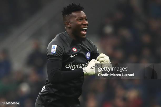 Andre Onana of FC Internazionale celebrates after their sides first goal during the Serie A match between FC Internazionale and SSC Napoli at Stadio...