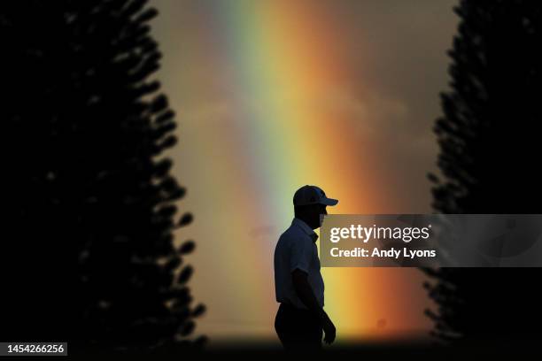 Rainbow is seen as Justin Thomas of the United States walks on the second hole during the pro-am prior to the Sentry Tournament of Champions at...