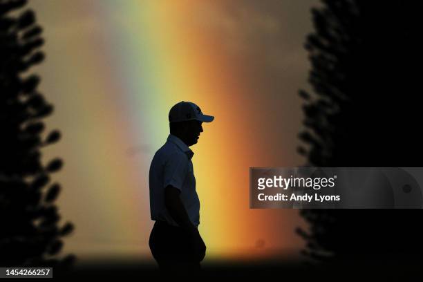 Rainbow is seen as Justin Thomas of the United States walks on the second hole during the pro-am prior to the Sentry Tournament of Champions at...