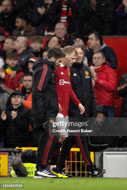 Donny van de Beek of Manchester United walks off the pitch injured during the Premier League match between Manchester United and AFC Bournemouth at...