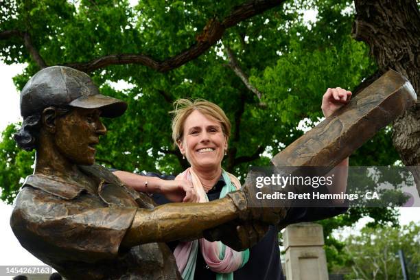 Belinda Clark poses for a photo with her newly revealed statue during day two of the Second Test match in the series between Australia and South...