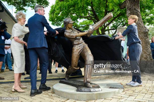 Belinda Clark along with Dominic Perrottet, Premier of New South Wales and Dame Quentin Bryce, former Governor-General of Australia reveal a statue...