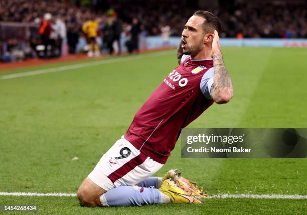 Danny Ings of Aston Villa celebrates after scoring his sides first goal during the Premier League match between Aston Villa and Wolverhampton...