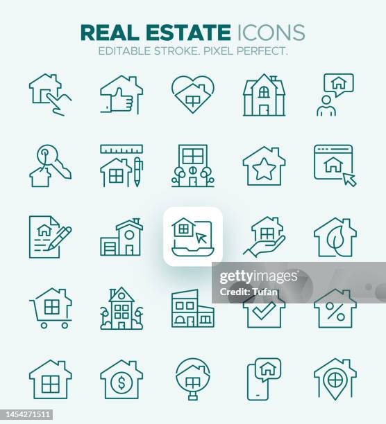 illustrations, cliparts, dessins animés et icônes de icônes immobilières - symboles de propriété, de logement, d’investissement et de location - achat maison