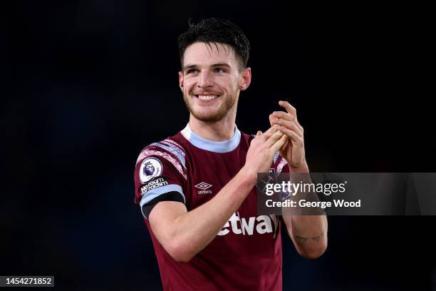 Declan Rice of West Ham United acknowledges the fans following the Premier League match between Leeds United and West Ham United at Elland Road on...