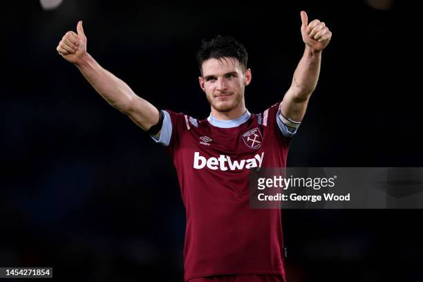 Declan Rice of West Ham United acknowledges the fans following the Premier League match between Leeds United and West Ham United at Elland Road on...