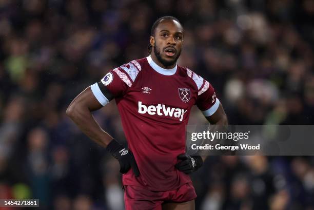 Michail Antonio of West Ham United reacts during the Premier League match between Leeds United and West Ham United at Elland Road on January 04, 2023...