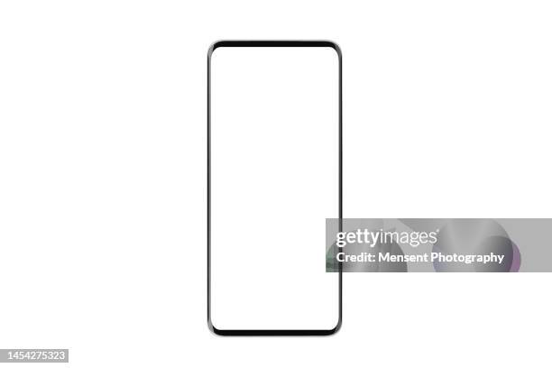 modern mobile phone mockup with white screen isolated on white background, front view - telefonhörer freisteller stock-fotos und bilder