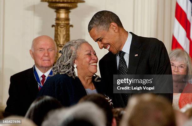 Toni Morrison receives the Presidential Medal of Freedom from President Barack Obama in the East Room of the White House on May 29, 2012 in...