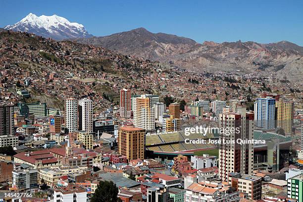 General view of Hernando Siles stadium, with the Illimani mountain behind, on May 29, 2012 in La Paz, Bolivia. Hernando Siles stadium can host 42,000...