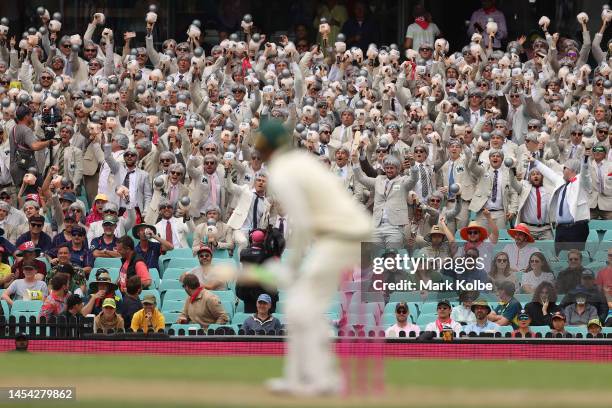 Fans cheer during day two of the Second Test match in the series between Australia and South Africa at Sydney Cricket Ground on January 05, 2023 in...