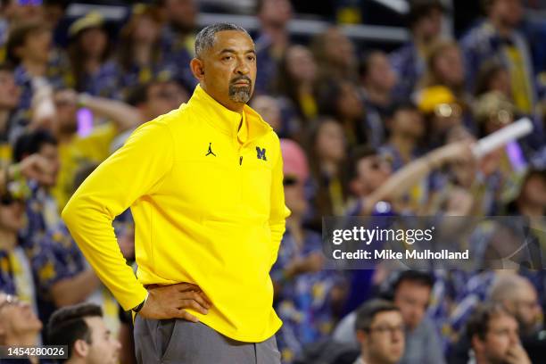 Head coach Juwan Howard of the Michigan Wolverines looks on in the first half of a game against the Penn State Nittany Lions at Crisler Center on...